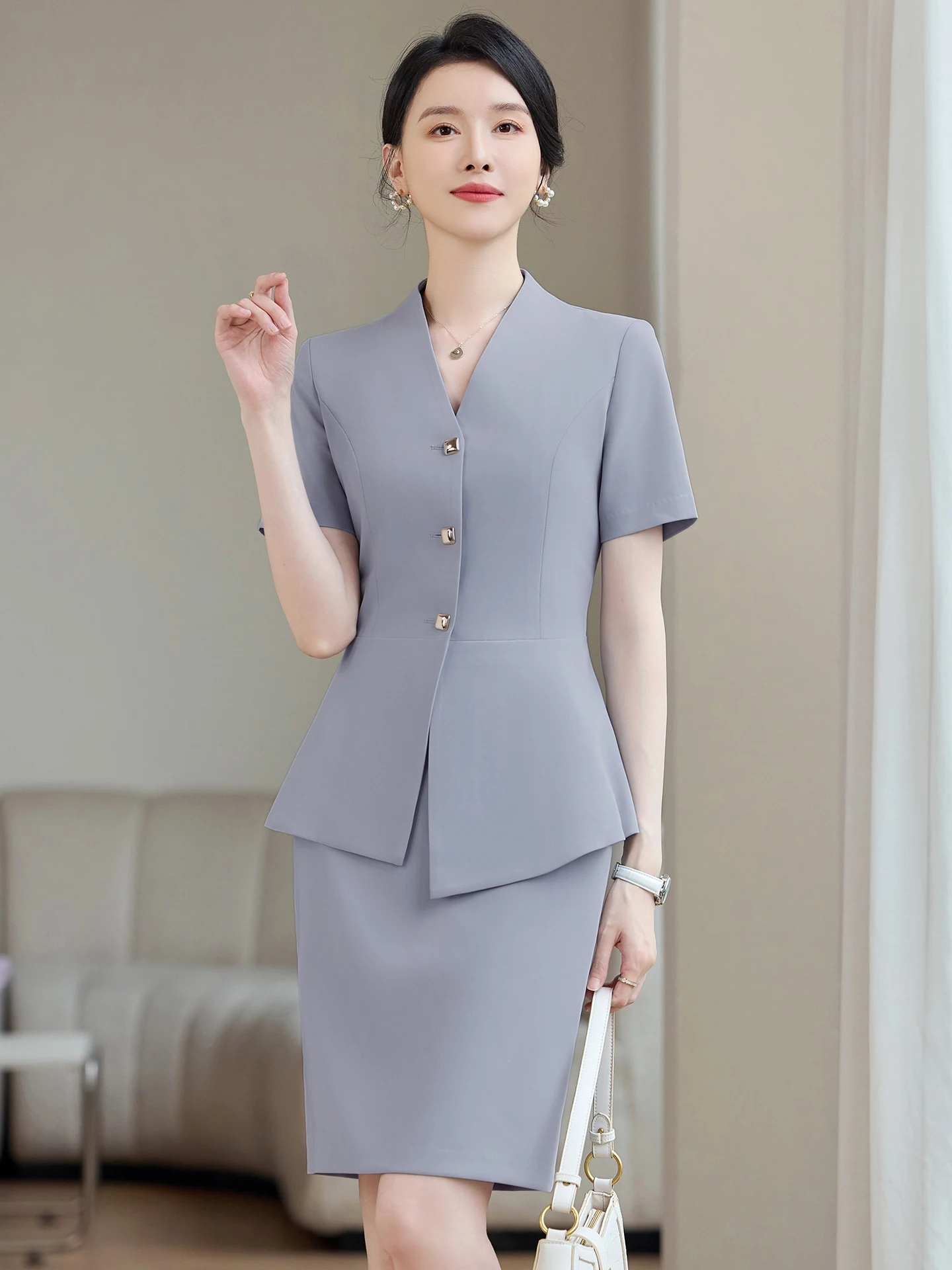 Light Grey Women's Suit Set Fashionable Beauty Salon Jewelry Store Professional Work Uniform Short Sleeve Long Pants