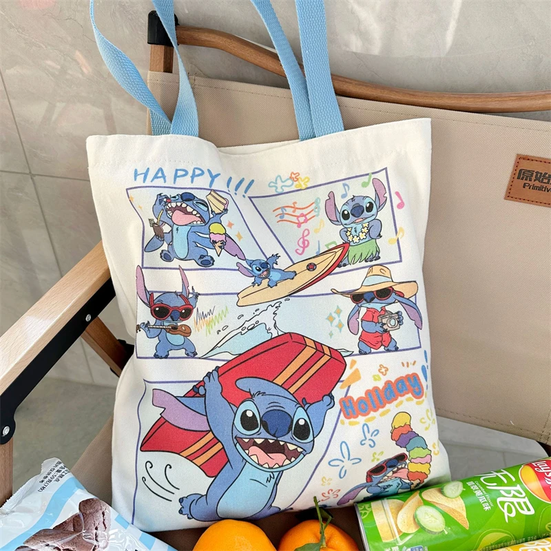 Borsa di tela Disney Stitch Cute Cartoon Angel Fashion borsa per lo Shopping portatile ad alta capacità borsa a tracolla fresca regali di festa