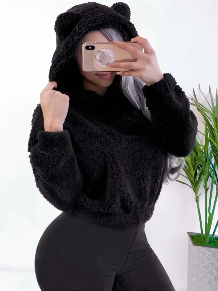 Autumn Winter Long-sleeved Bear Ears Hat Solid Color Plush Sweatshirt Women Fashion Loose Short Casual Style Pullover Female