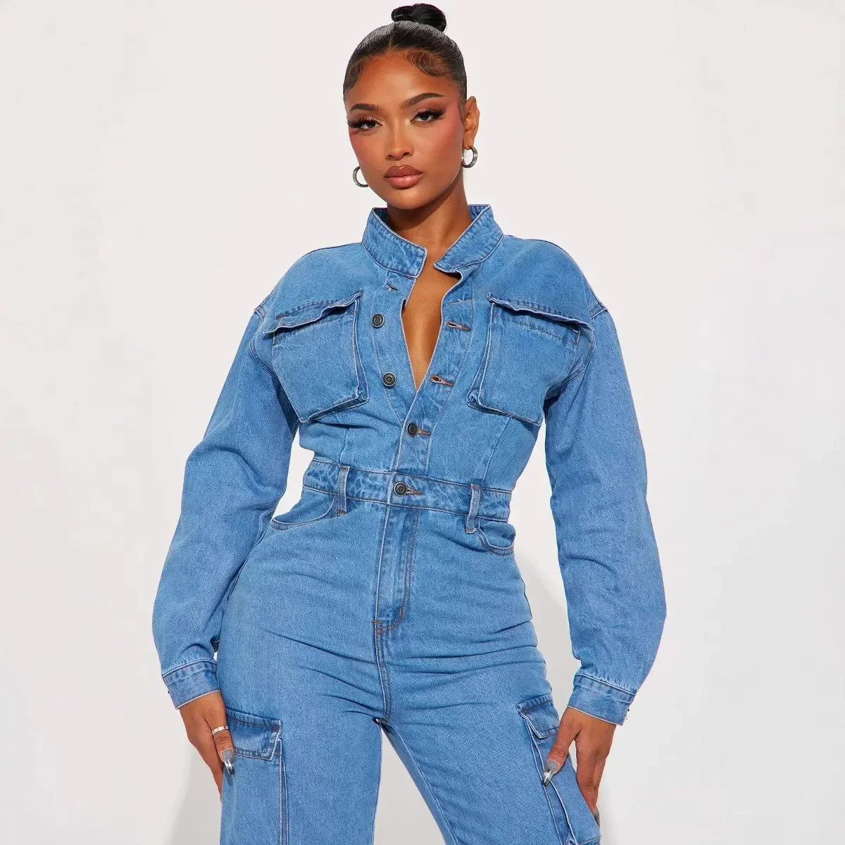 Zekye macacões femininos multi bolsos estiramento jeans carga macacão feminino turn down collar macacão feminino elegância