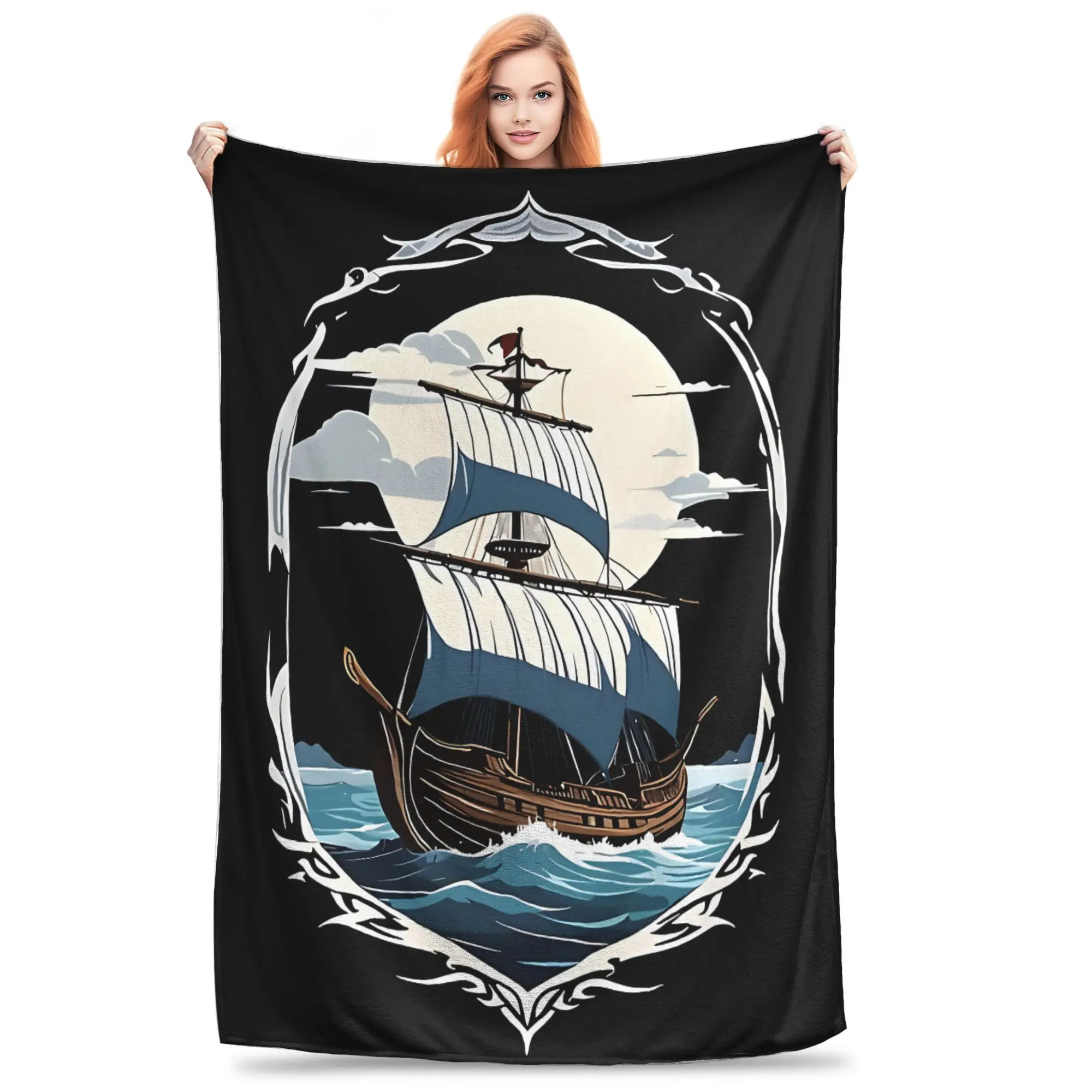 1PC Adventurous Sailing Ship Motif  Blanket Throw Super Cosy Plush Living Room Sofa