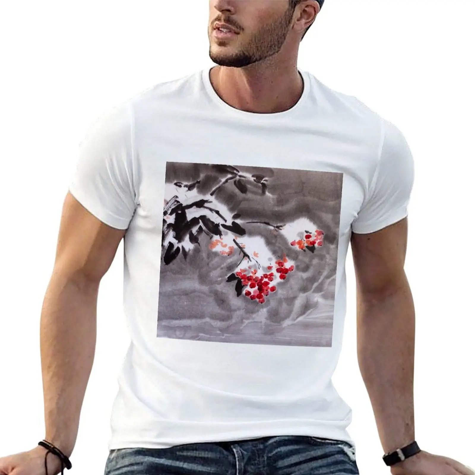 Rowan tree in snow sumie ink watercolor painting T-Shirt affliction shirts oversized t shirt tshirts for men
