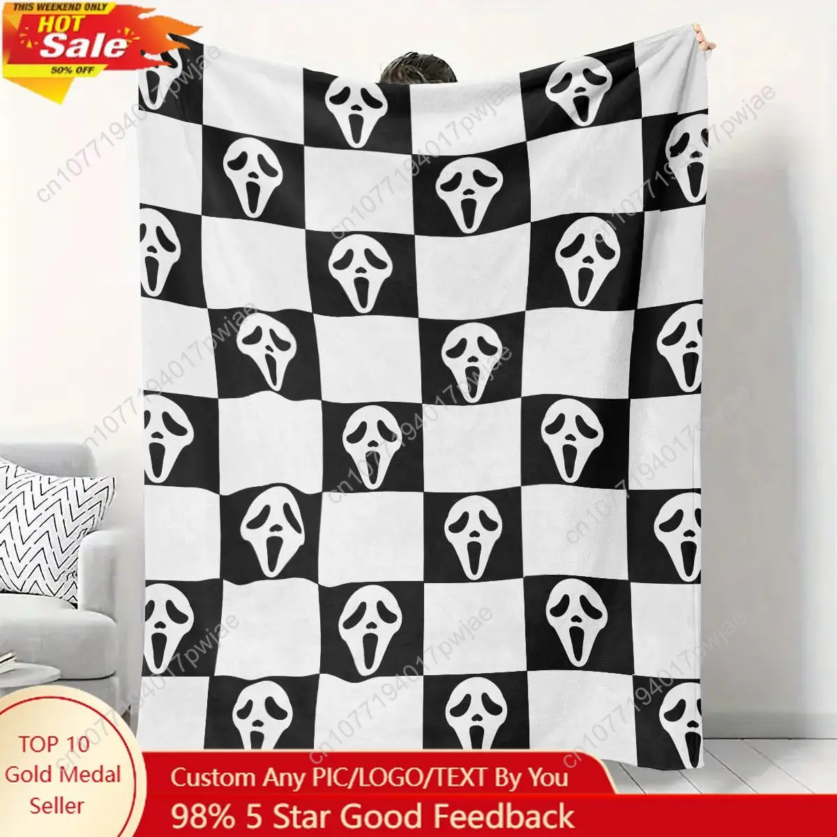 

Horror Face Throw Blanket Black and White Checkered Pattern Halloween Ghost Blankets Fuzzy Gifts for Sofa Custom blankets