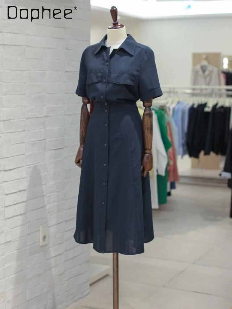 ファッションシングルブレストシャツ半袖ドレス女性の夏の新しい通勤スタイルエレガントなハイウエスト痩身カジュアルドレス