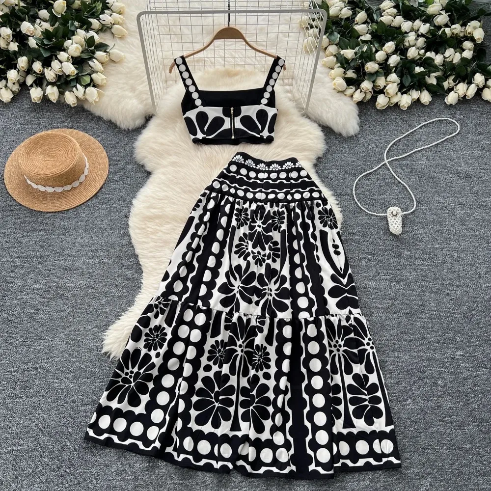 Chic Print Women Two-Piece Sets Sexy Short Straps Top and High Waist Slim A-line Skirt Korean Fashion Streetwear Summer Clothing