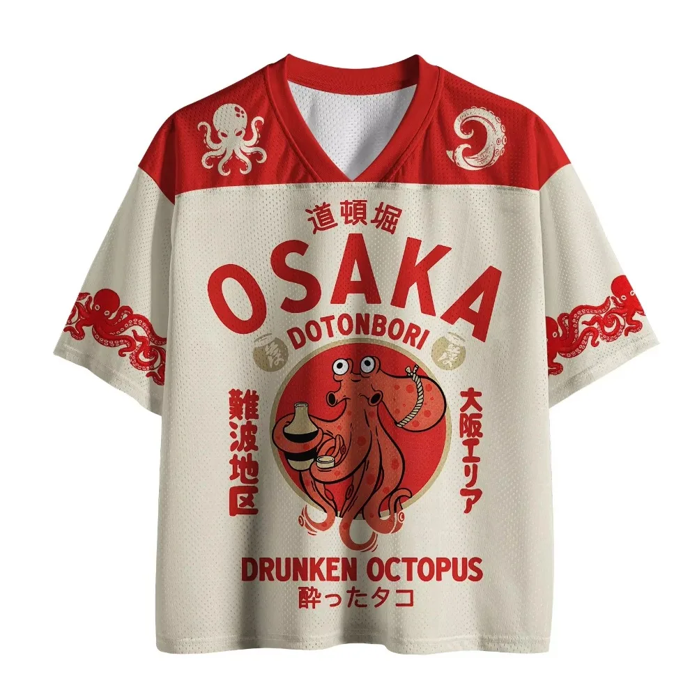Unisex 3D Japanese Style Dotonbori Drunken Octopus T-shirt Retro V-neck Short Sleeved Harajuku Street Wear Oversized T-shirt