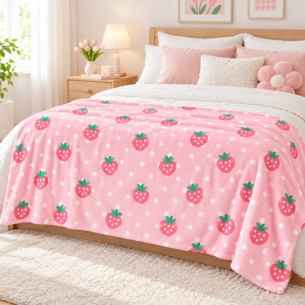 Pink Strawberry Polka Dot Throw Blanket, Soft Cozy Cute Kawaii Blanket, Home Decor for Bedroom, Living Room & Dorm Room