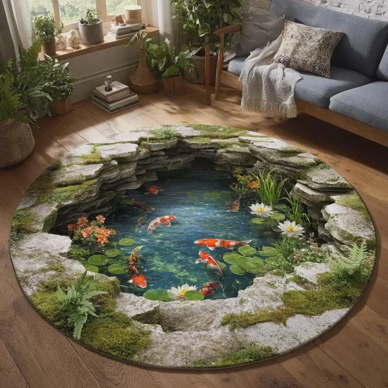 Tapis rond à motif de bassin à carpes koï 2D, antidérapant, pour salon et chambre d'été, tapis réaliste, décoration intérieure