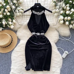 Chic Sleeveless Rhine Stone Hollow Out Halter Velvet Dress Slim High Waist Evening Party Women Ceremonial Hip Wrap Dress