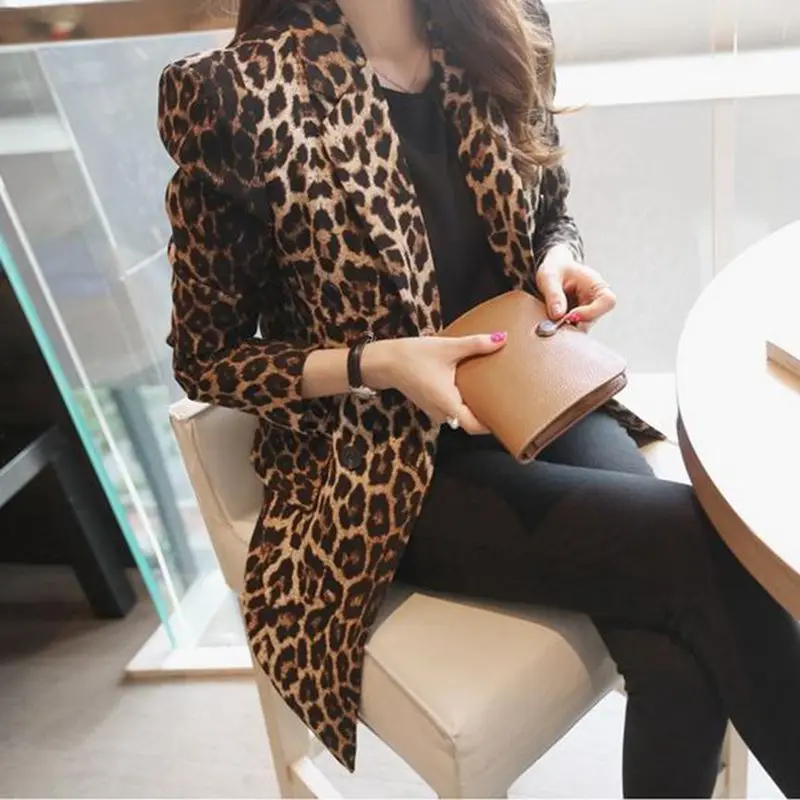 2025 Nuevo traje casual coreano Sle para mujer Slim Fit Long Sve con estampado de leopardo Jaet longitud media Poliéster Commute Sle One Bu...