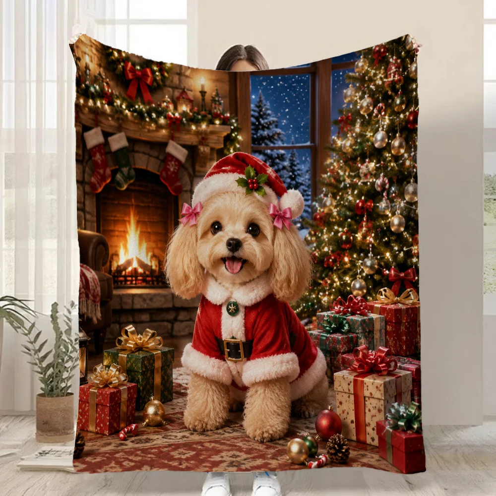 1pc Fluffy Throw Blanket, 2D Flat Christmas Poodle Puppy Santa Costume Print, Warm Blanket for Sofa Bedroom, Camping Decor Gift