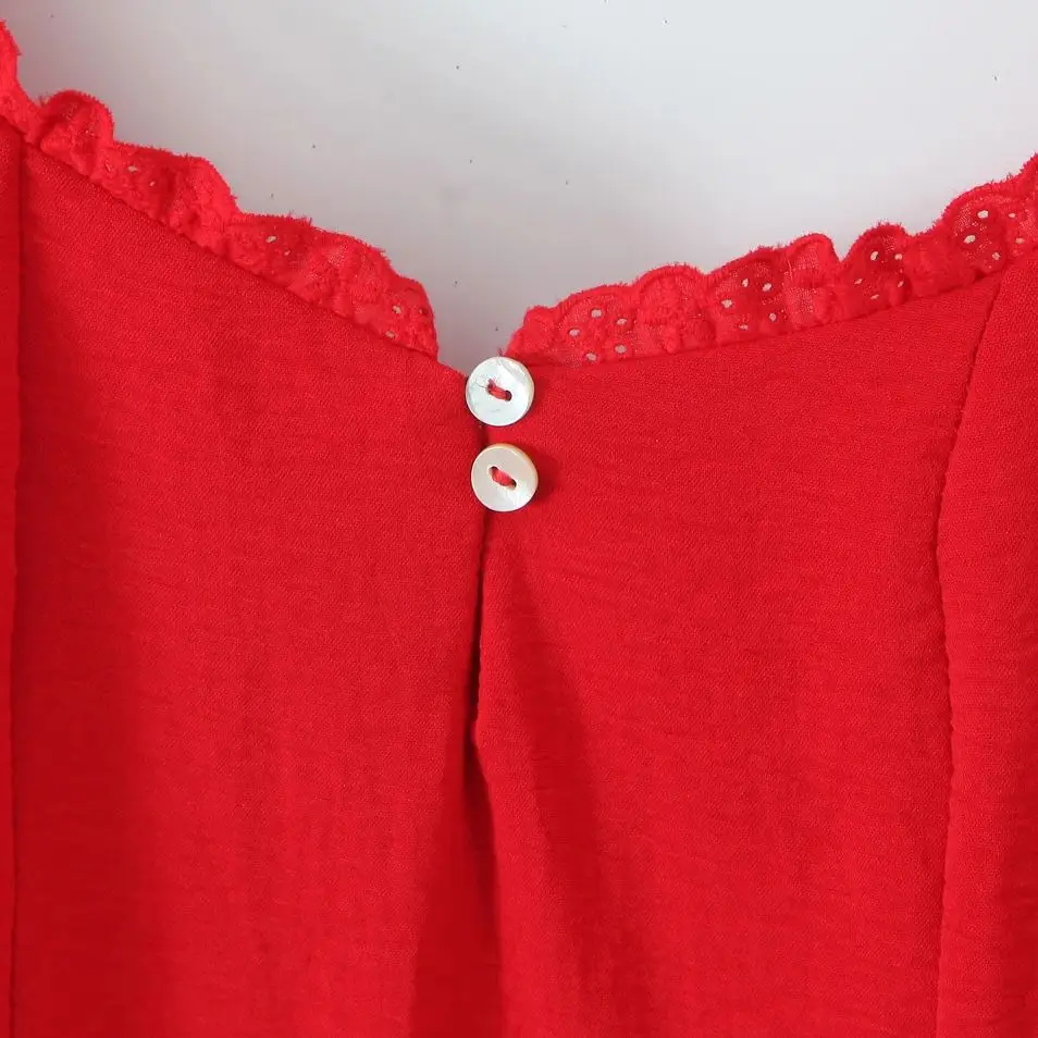 2025 เซ็กซี่สีแดงเปิดปุ่ม Colla Spliced ลูกไม้สายคล้องคอมินิชุดต่ําเอวไม้หู Hem ผู้หญิงแขนกุดฤดูร้อน Robe