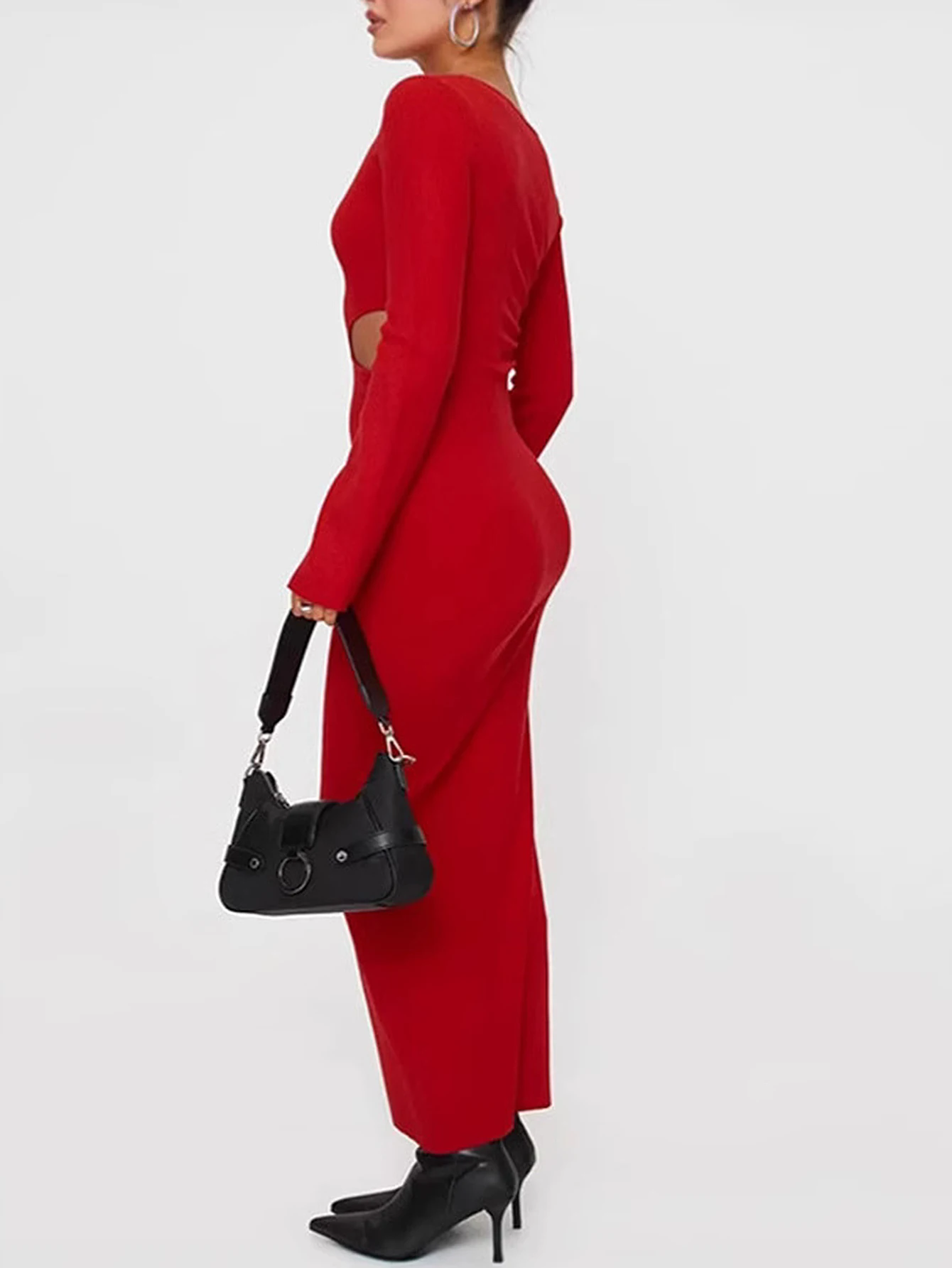 เดรสยาวแขนยาวทรงดินสอสำหรับผู้หญิง สไตล์เรียบหรู ดูเซ็กซี่ เหมาะสำหรับใส่ออกเดท ดีไซน์เว้าแบบไม่สมมาตร แต่งรู  สำหรับฤดูร้อน