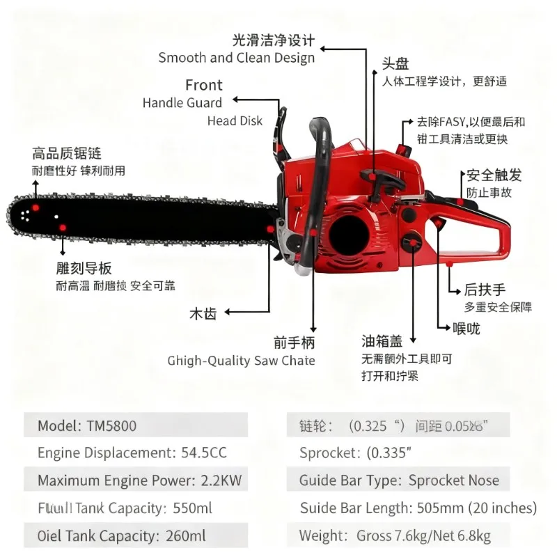 5800 Powerful Chainsaw, Portable Handheld Professional Logging Saw for Tree Cutting & Woodworking