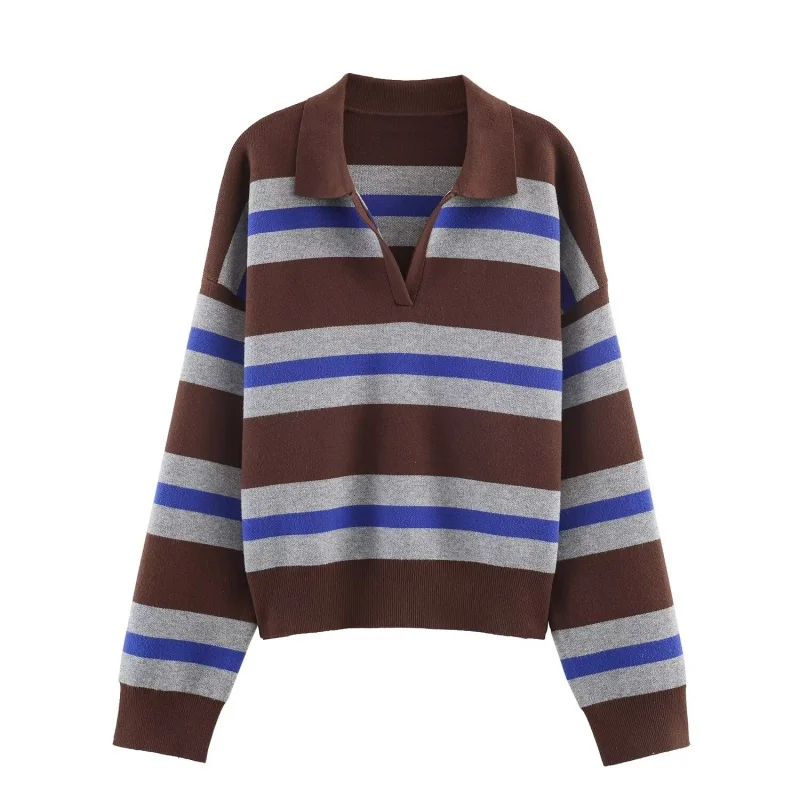 الخريف الشتاء بولو طوق كم طويل مخطط محبوك القمم المرأة فضفاضة البلوز سترة الإناث ملابس أنيقة غير رسمية 2025 جديد