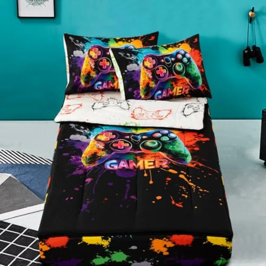 

Комплект постельного белья с молнией для игровой консоли, с принтом в стиле брызг краски и 3D-эффектом, красочный геймерский принт с геймпадом, одеяло на молнии, размер S