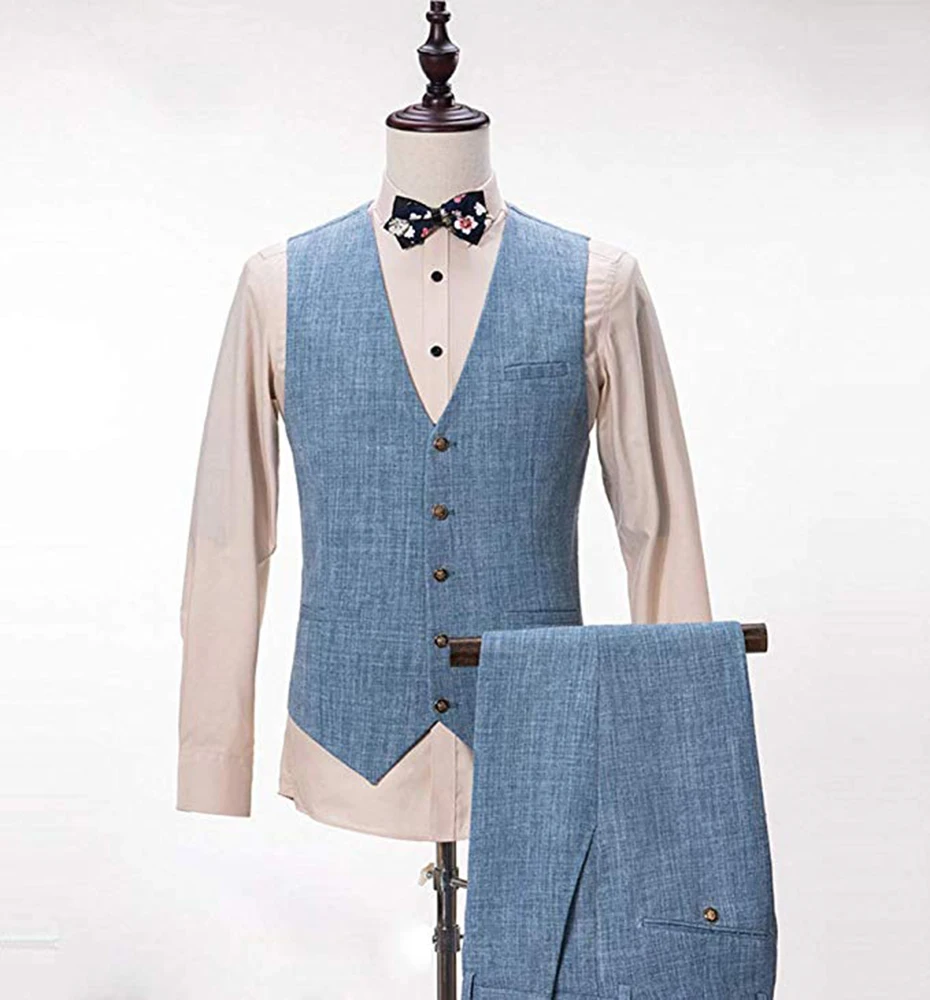 New Design Light Blue Linen Suit for Men 3 Pieces Formal Wedding Prom Set Slim Fit Jacket Best Man Tuxedos Costume Homme Suit