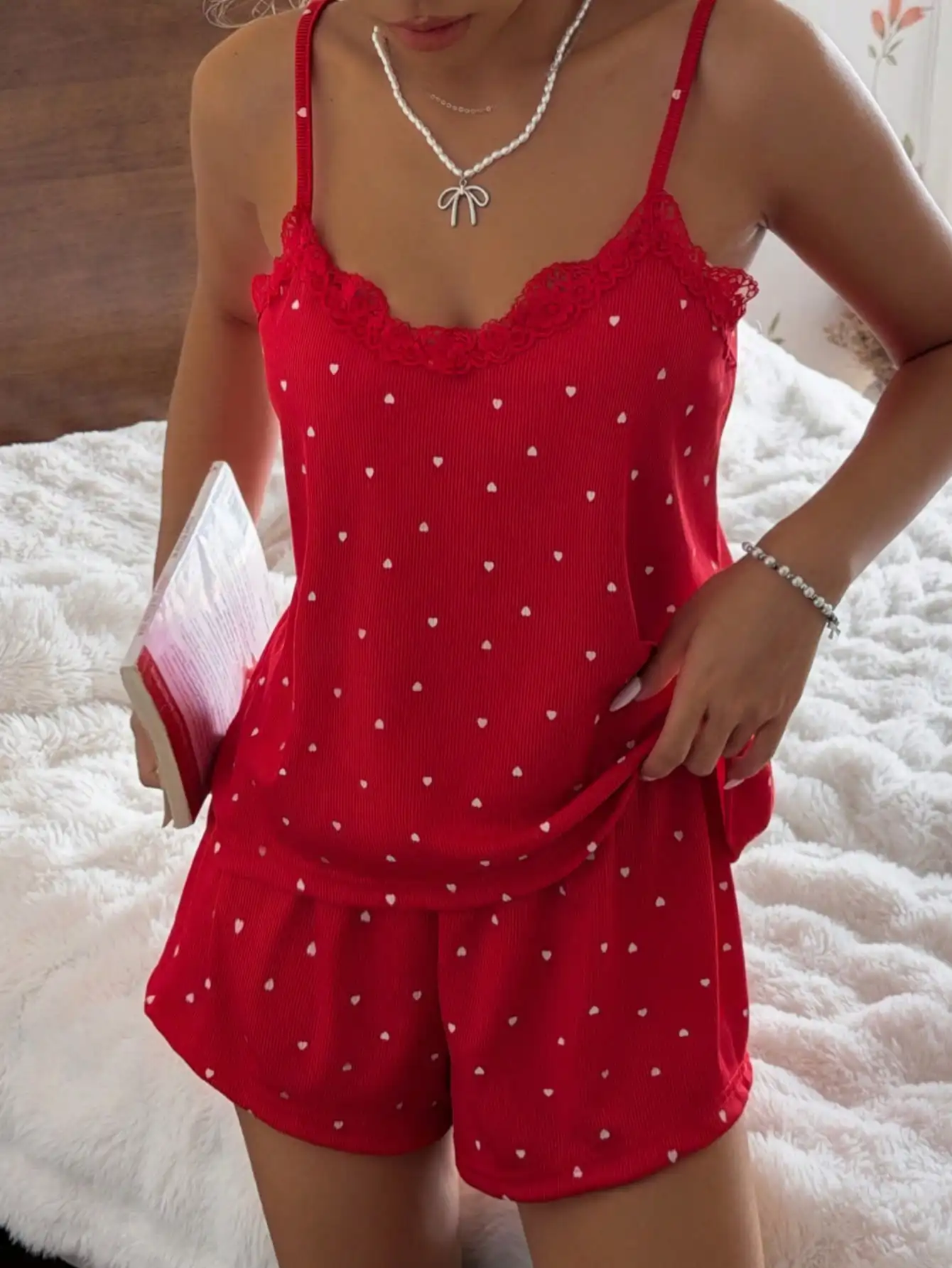 

Women Heart Print Lace Trim Rib Knit Camisole Shorts Pajama Polka Dot Patchwork Sexy Sweet Summer Casual Home Two Piece Sleep Loungewear Outfit