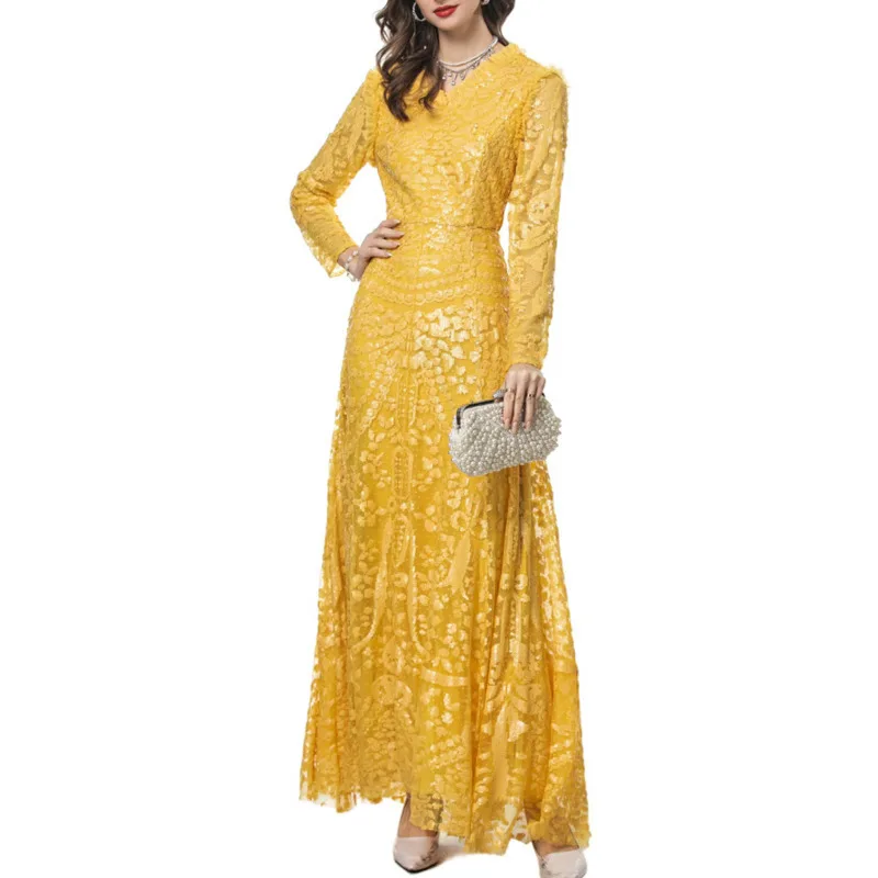 QMQA Fashion Women's Evening Dress Yellow Sequins Spliced V-neck Long Sleeve Elegant Banquet Dresses 2025 Spring New QM297