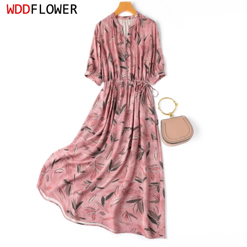 

Women Silk Midi Dress 70% Mulberry Silk Pink Floral Printed V Neck Belted Waist A-line Long Dress M1084