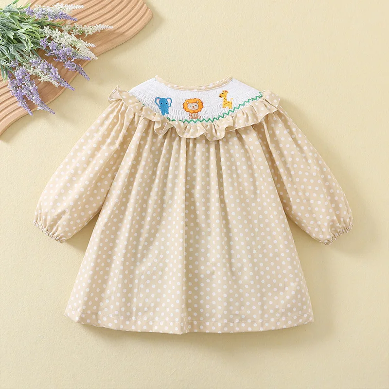 

Весеннее платье с длинными рукавами для девочек 2025 года и вышивкой животных, милое платье с рюшами и мультяшным принтом, наряд для малышей 0–6 лет