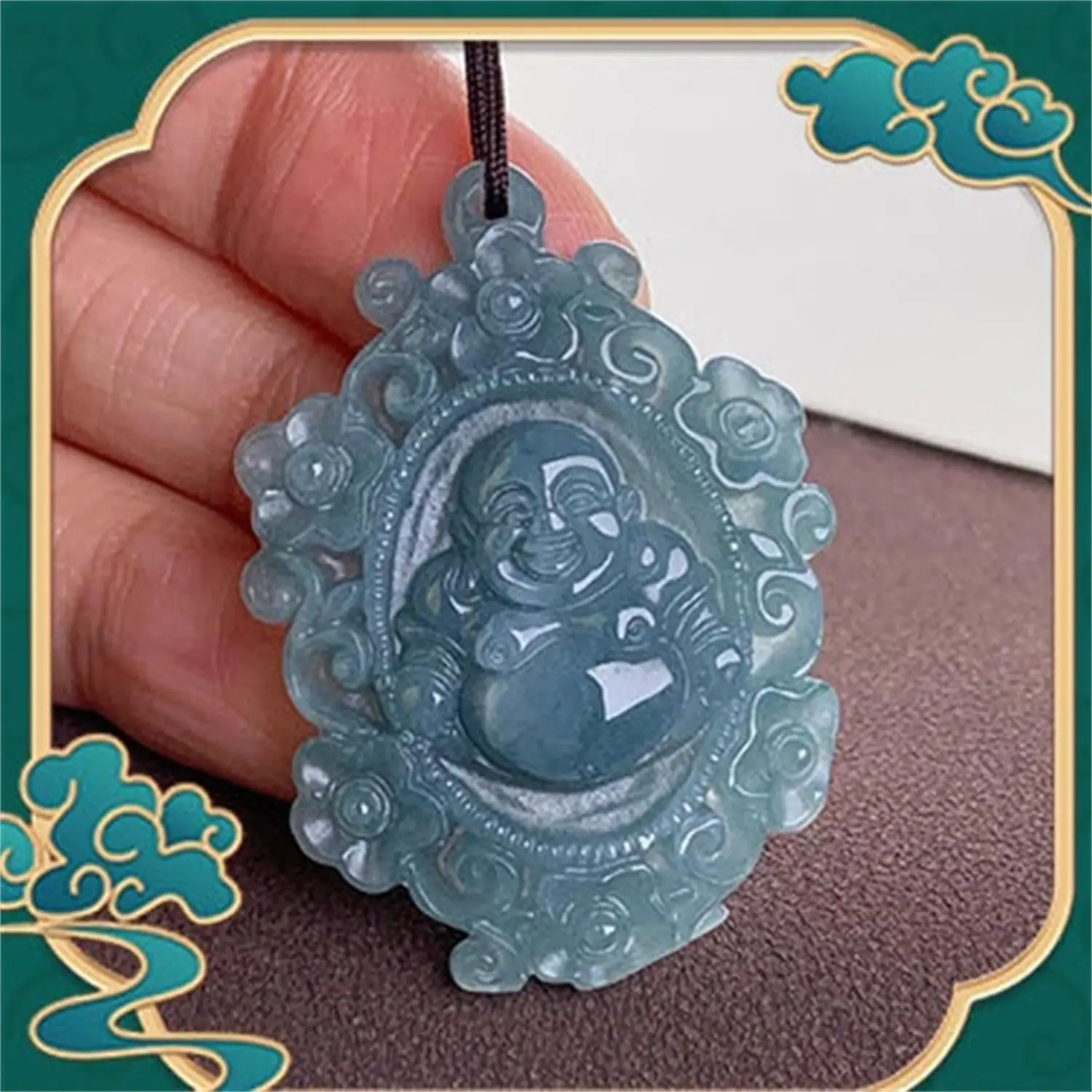 Natural Grade A Guatemalan Jadeite Ice Blue Water Laughing Buddha Pendant Bloom To See Buddha Hand Carved Protective Amulet Fine