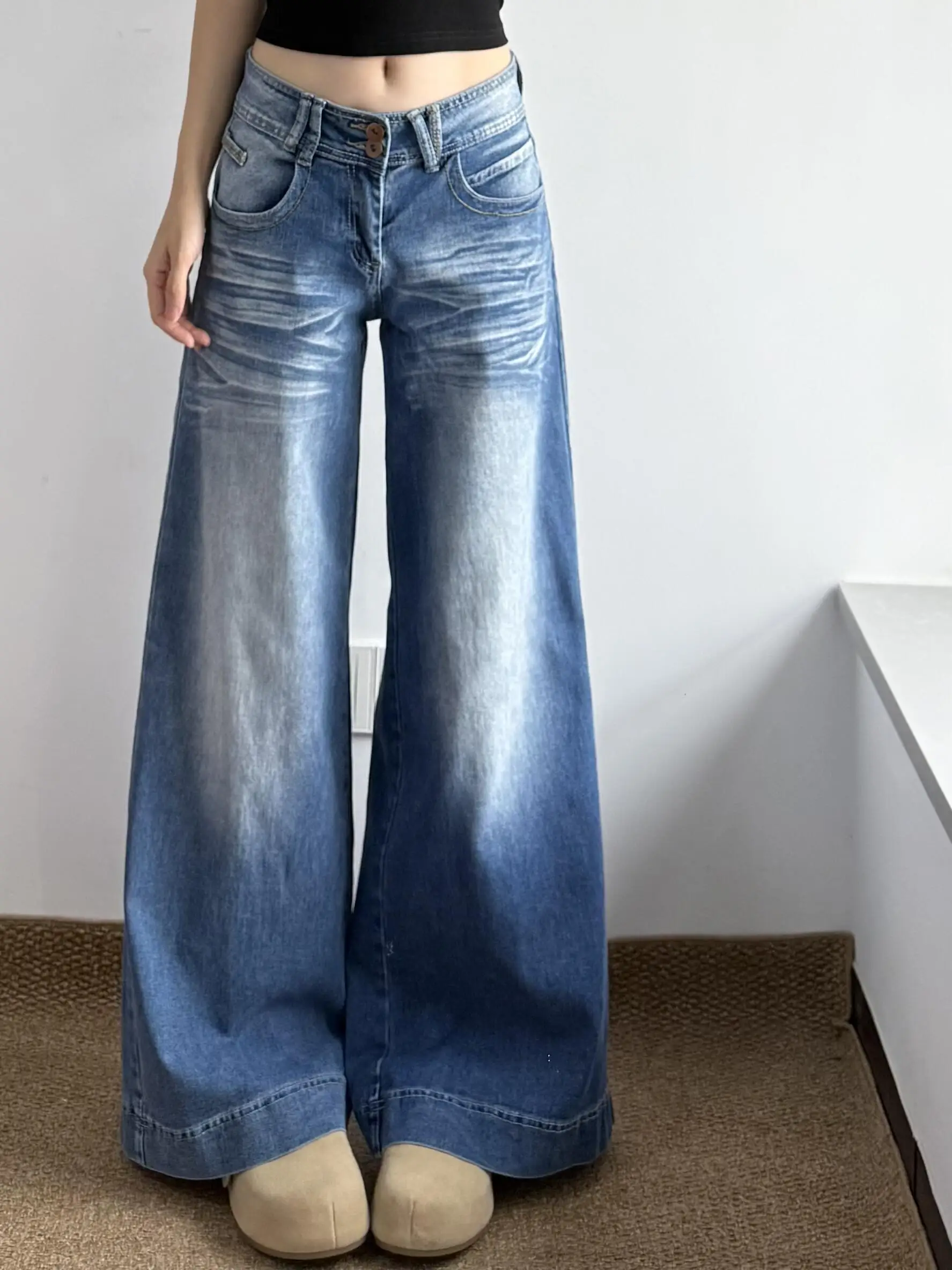 AOSSVIAO Vintage Blue Low Rise Wide Leg Slimming Women Jeans Autumn Winter Washed Drape Straight Floor-Length Long Denim Pants