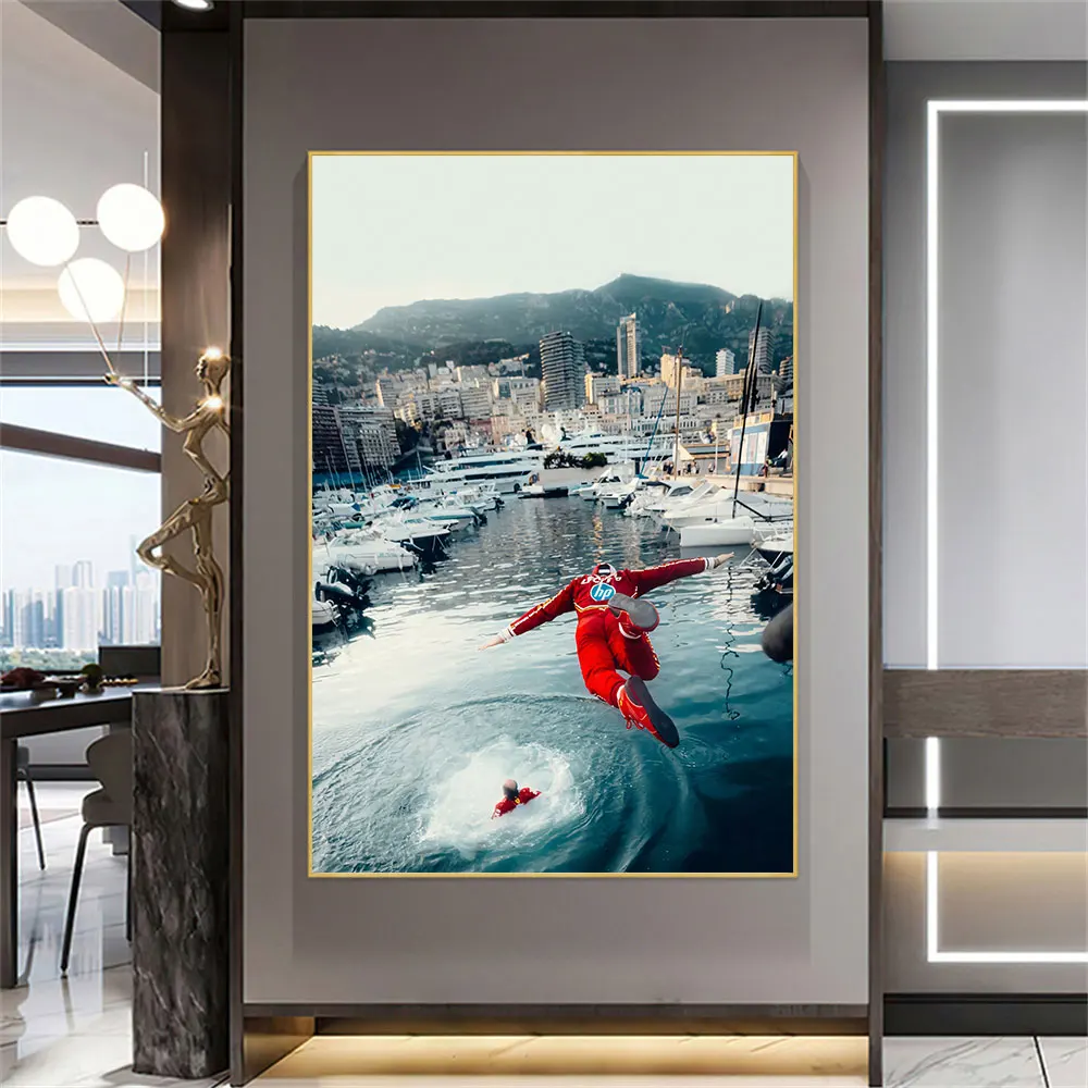 

Charles Leclerc F1 Formula 1 Monaco Victory Poster Canvas Home Grand Prix Champion Port Jump Celebration Wall Art