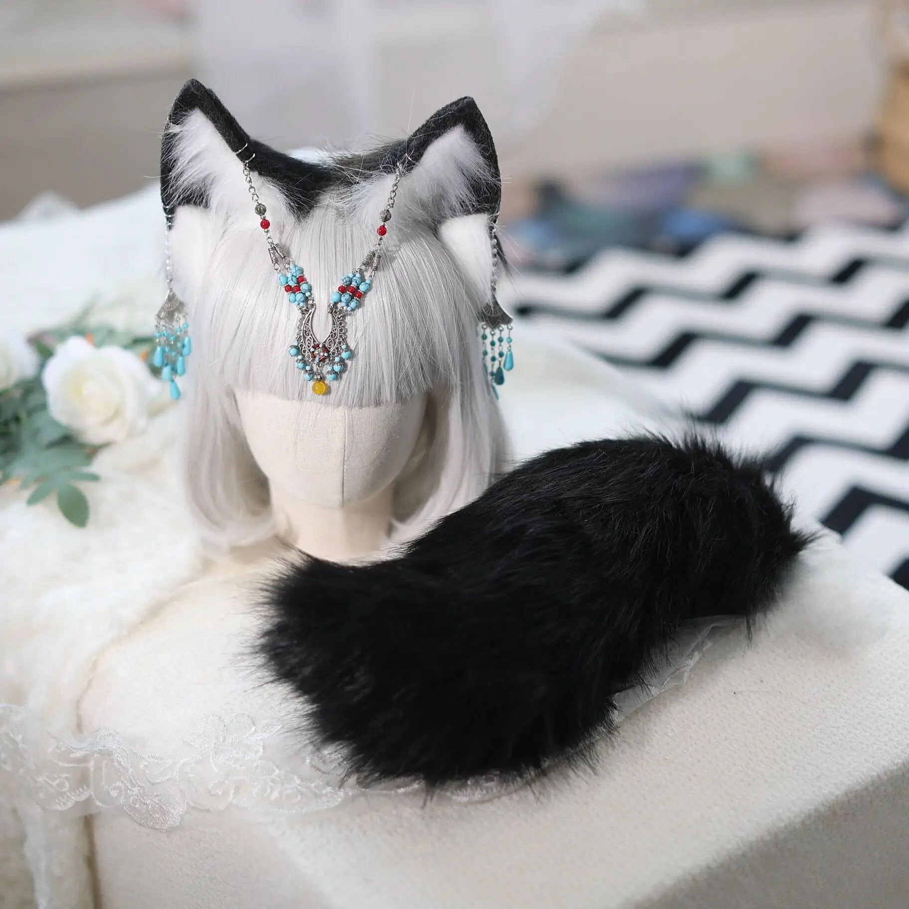 Black and White Fox Ears and Tail Set with glistening Jewelry - Perfect for Halloween Events Cosplay and Costume Parties