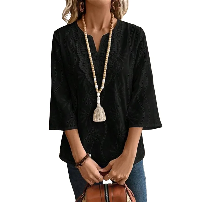 

A83F-Women's Eyelet Embroidery 3/4 Sleeve Summer Notched Neck Boho Blouse Top