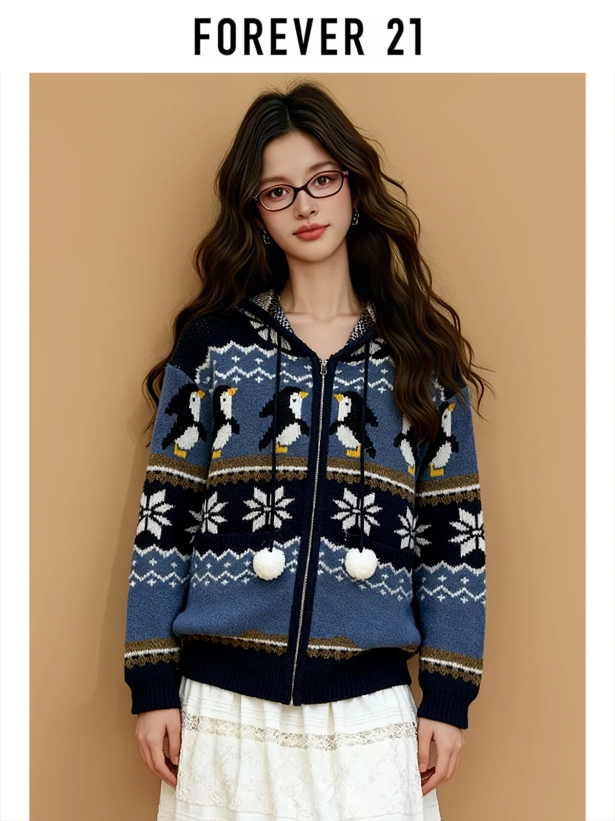 

Forever 2 Island Cardigan Sweater Hooded Snowflake Penguin Embroidery Knitted Loose Versatile Winter New Arrival Women's Fas...