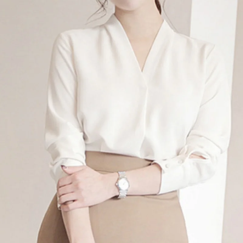 Long Sleeve Elegant Solid Chiffon Women Blouse V-neck Loose Top Office Lady Shirt 2024 Autumn Clothing