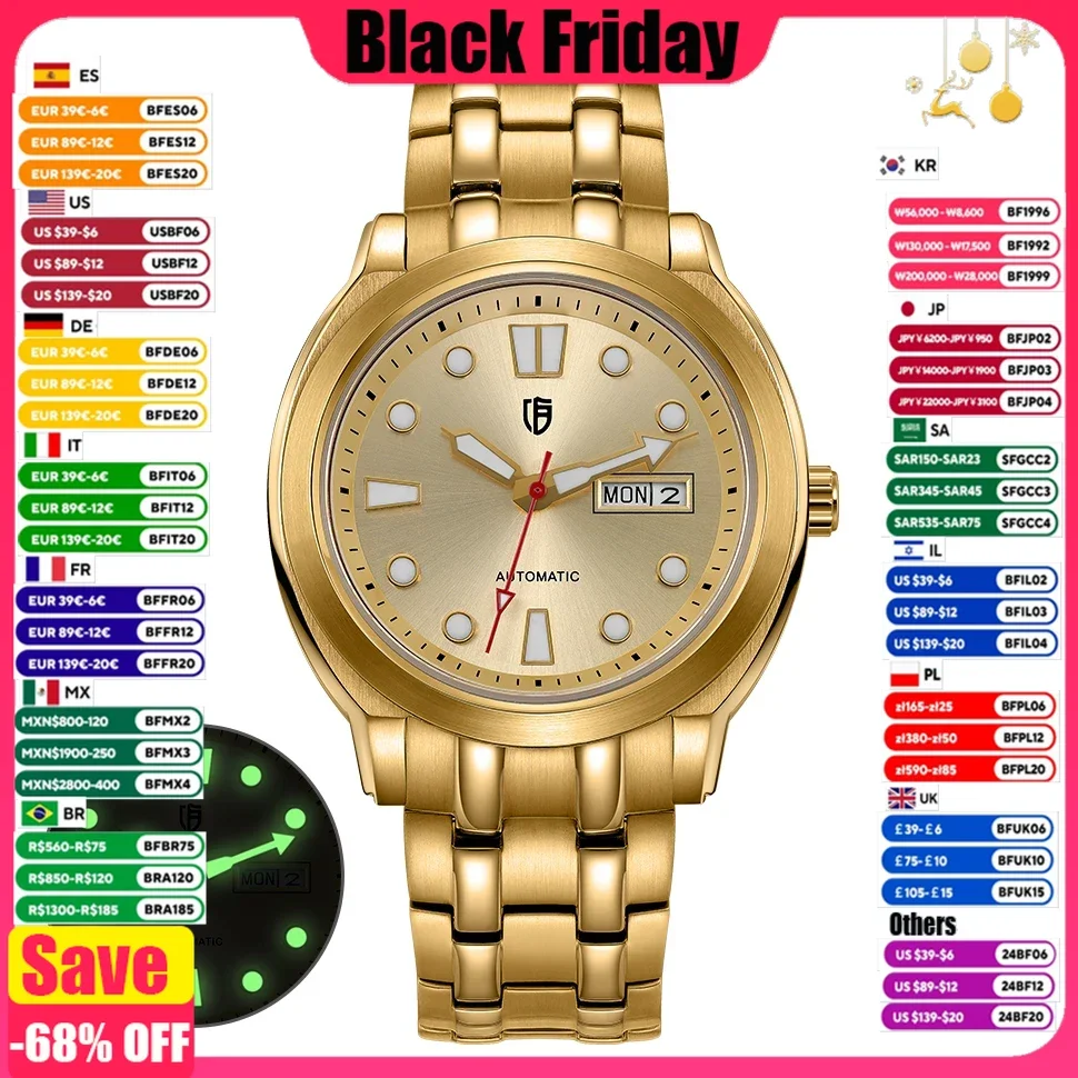 BERNY Men Automatic Mechanical Watch BERNY 8217 Luminous Gold Day Date Sapphire Stainless Steel Waterproof Wristwatch for Men