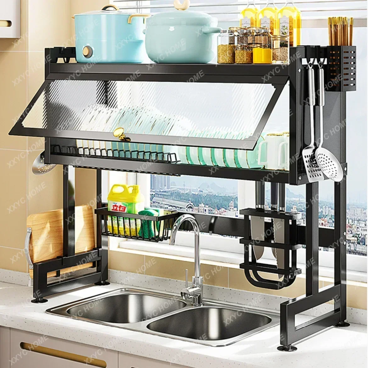 

New Multifunctional Expandable Over Sink Dish Drainer Drying Rack with Door Countertop Telescoping Dish Storage Rack for Kitchen