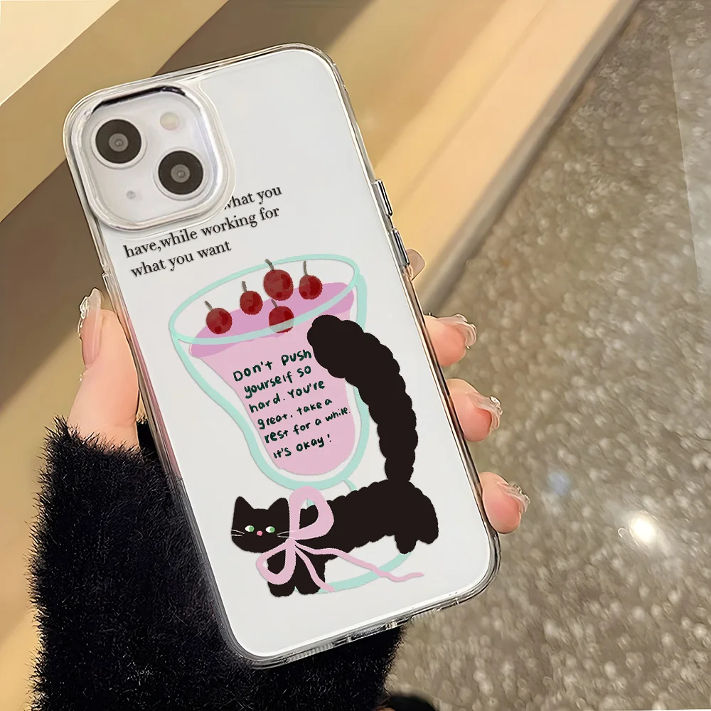 

Cute Black Cat Phone Case For iPhone 13 Case iPhone 14 11 12 15 16 Pro Max Electroplated Plating Shockproof Clear Cover Fundas
