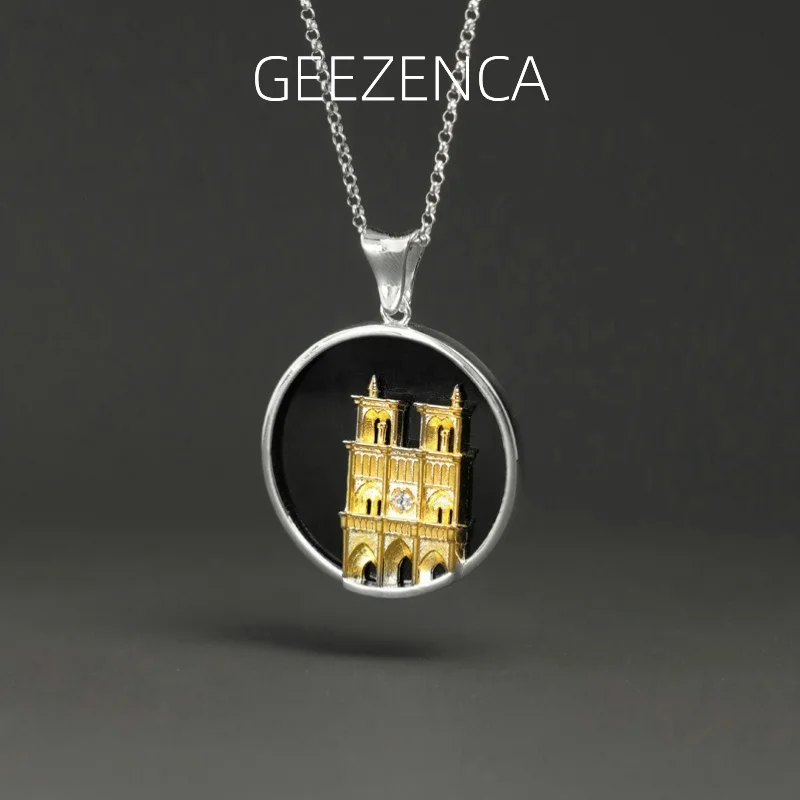 

GEEZENCA стерлингового серебра 925 пробы двухцветный синий черный агат Нотр-Дам собор ожерелье подвески без цепочки для женщин 2024 новый подарок