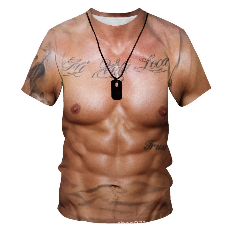 2026 New Men Realistic 3D Six Pack Abs Muscle Print T-shirt Funny Fake Body T Shirt Novelty Tees Party Prank Casual Tops