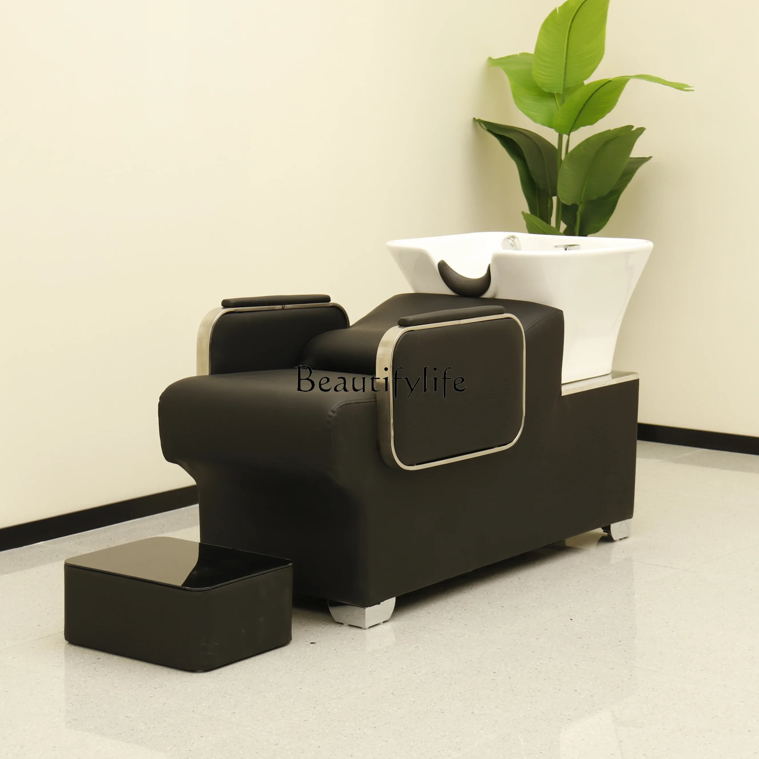 

06Barber Shop Shampoo for Hair Salon Lying Half Bed High-End Stainless Steel Ceramic Basin Punch Bed