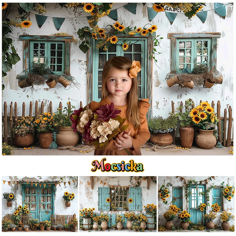 

Mocsicka Photography Background Summer Sunflower Door Window Decor Rustic Landscape Adult Child Portrait Backdrop Photo Studio