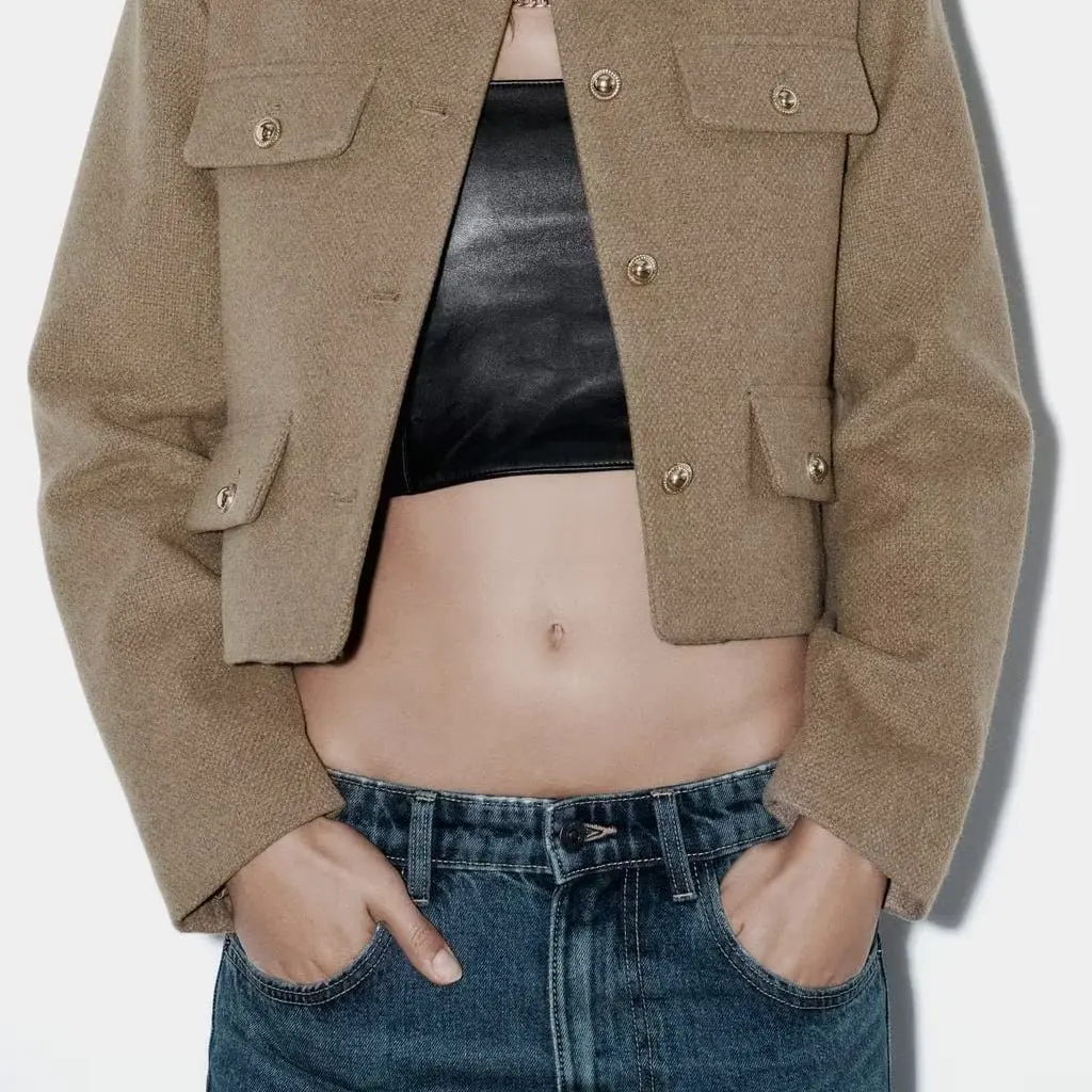 

Women's round Neck Short Top Coat European American Style Autumn Street Temperament Flip Trim Fashionable Jacket