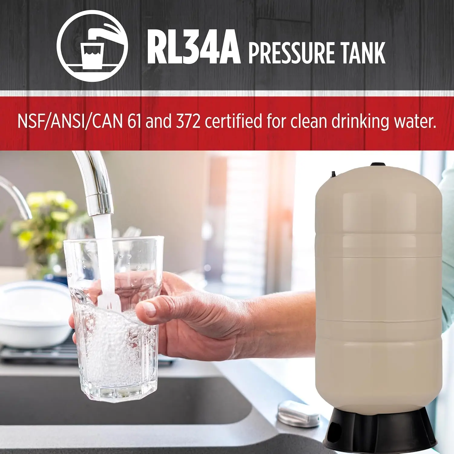 RL34A 34-Gallon Vertical Pre-Charged Pressure Tank with Thermoplastic Base for Well Pumps, 1-Inch FNPT System Connection,604683