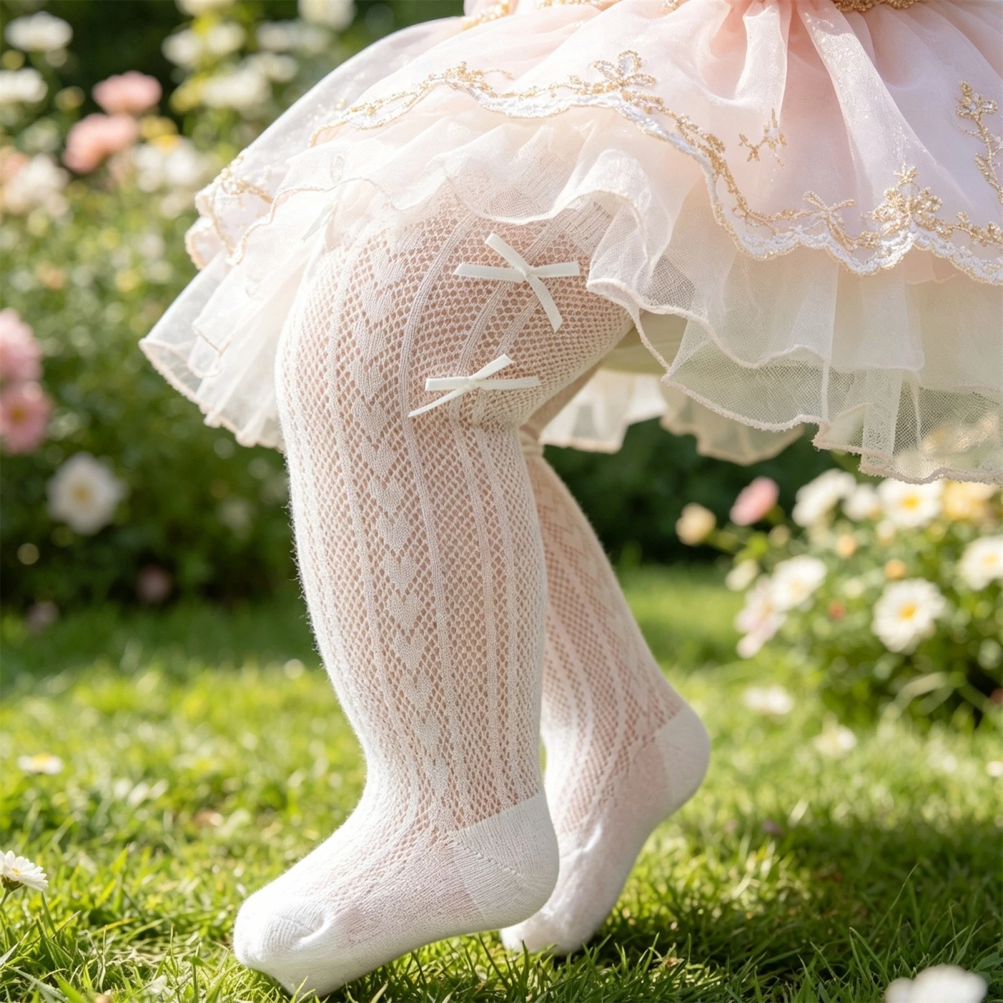 

Baby Girls Thigh High Socks Cute Breathable Bow Decor Long Stockings for Spring Summer