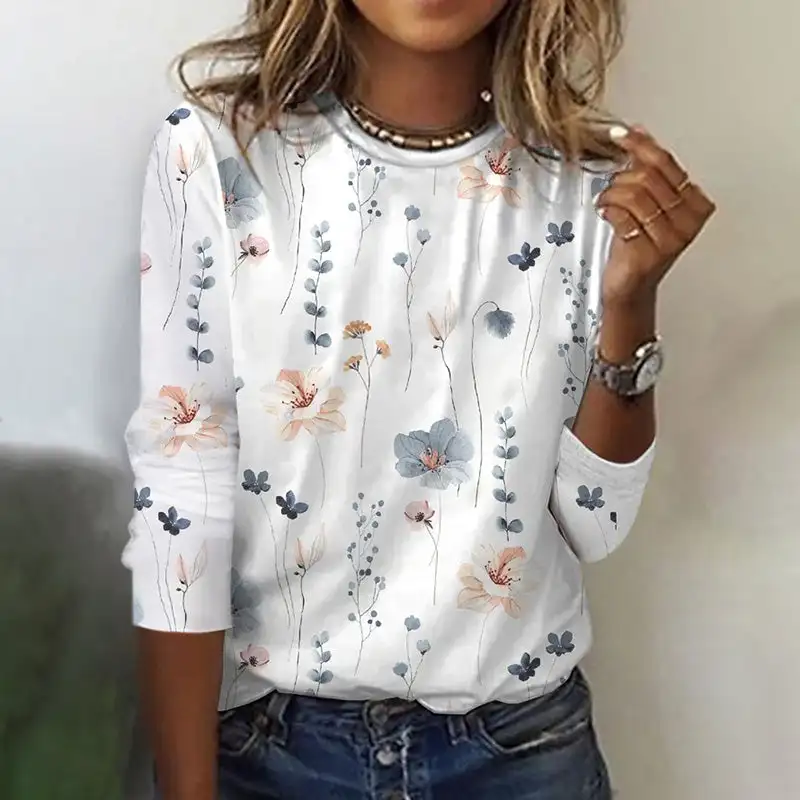 2024 Autumn and Winter Women\'s Long Sleeve 3d Printed Floral Print T-Shirt Women Streetwear Round Neck Long Sleeve