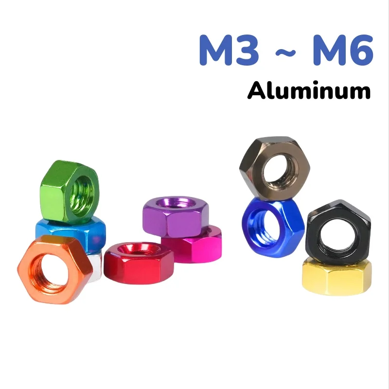 Bunte Sechskantmuttern aus Aluminium, mehrfarbige Sechskantmuttern, eloxiert, M3, M4, M5, M6, 10 Stück