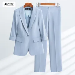 NAVIU Summer Pants Sets For Women 2 Piece Set Half Sleeve Blazer & Trousers Suits Blue High Quality Chic Elegant Business Outfit