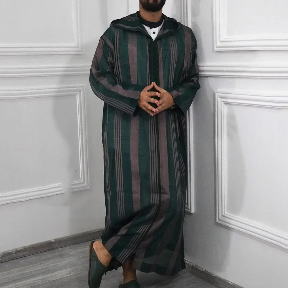 2024 Men's Islamic Arabian Striped Patchwork Hooded Jubba Thobe Zipper Muslim Robe Streetwear Casual Loose Arabian Islamic Robe