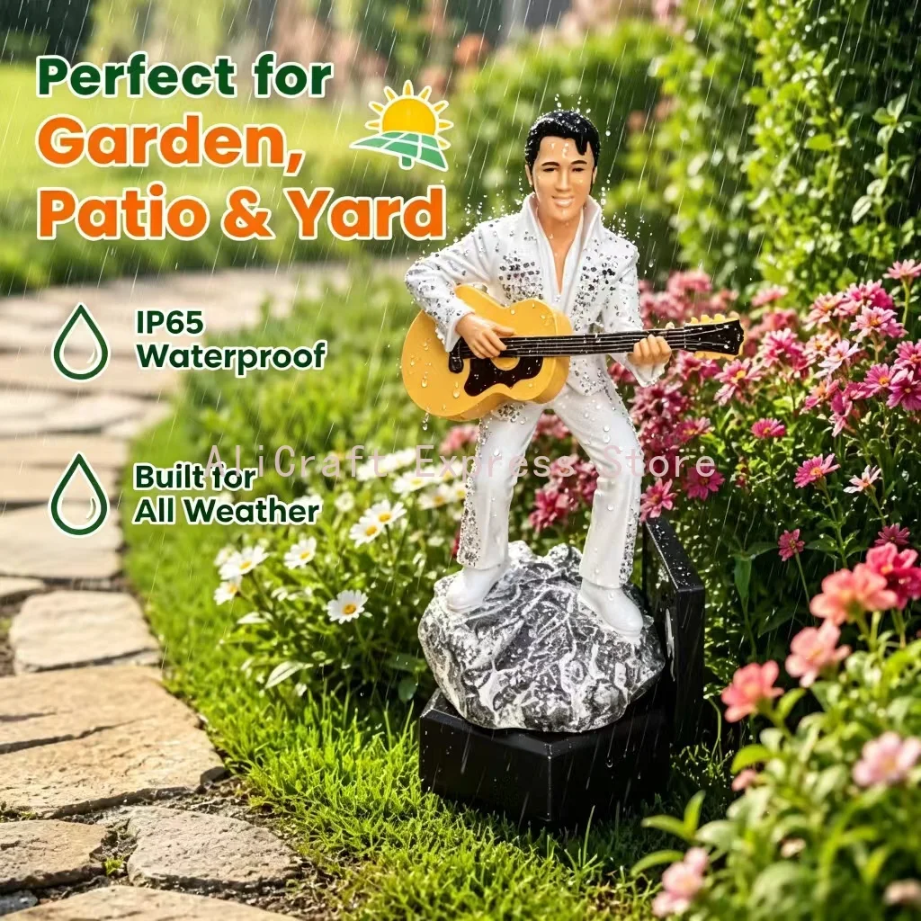 Elvis Presley Solar Garden Ornament LED Warm Glow Resin Sculpture Waterproof Outdoor Lawn Pathway Decor Ideal Gift