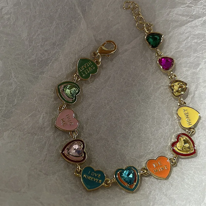 New Trendy Colorful Rhinestone Love Heart Letter Bracelet for Women Sweet Y2k Aesthetic Accessories Korean Fashion Jewelry Gift