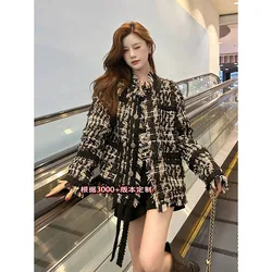 Heavy Black Gold Braided Tassel Fragrance Coat Female 2024 Spring  Autumn Loose Plaid Ladies Retro Coat Comfortable Casual Coat