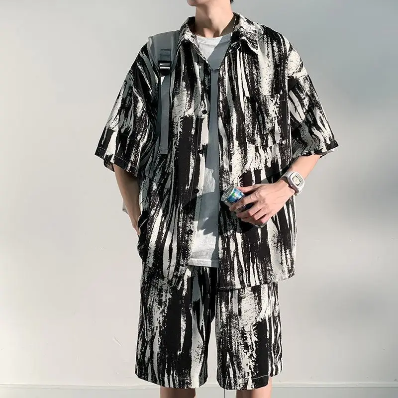 Ink and Wash Ice Silk Casual Shirt Set Breathable Tie-dye Summer Hawaii Loose Ruffian Shirt Short Sleeve Two-piece Shorts